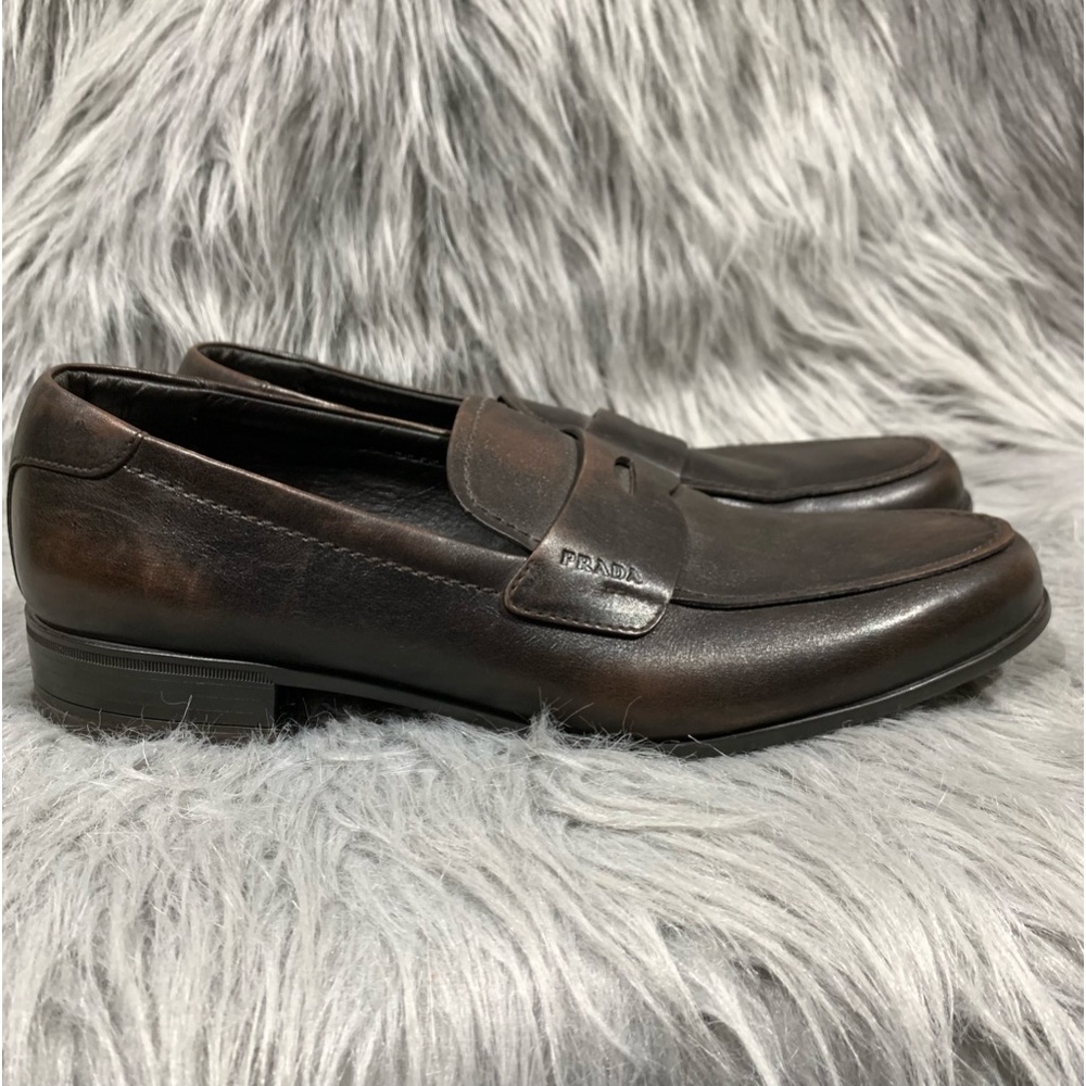 Prada Men's 2DC213 Brown Brushed Spazzolato Leather Penny Loafer Business Shoes